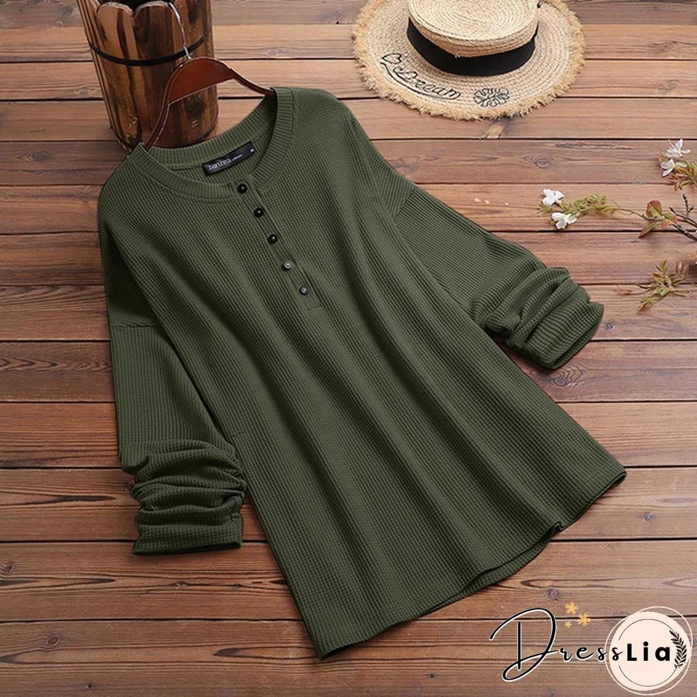 ZANZEA Women Long Sleeve Henley Waffle Top Spring Autumn Casual Slim Blouse