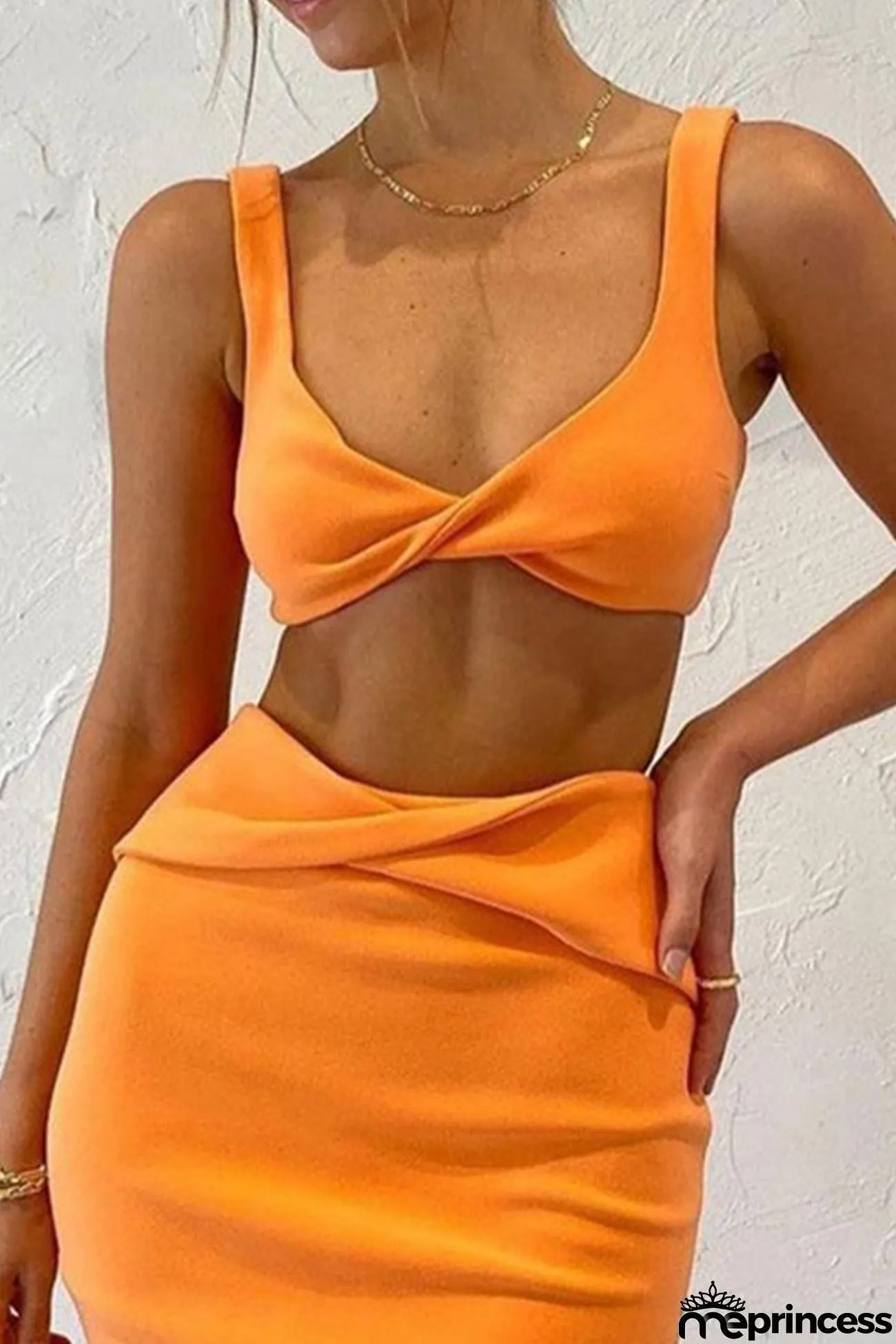 Twisted Front Crop Top High Waist Slit Skirt Suits