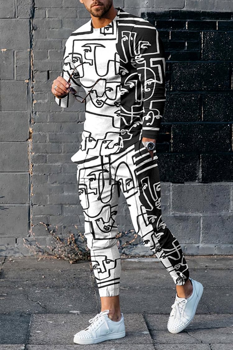 Tiboyz Avant-Garde Contrasting Line Face Print T-Shirt And Pants Co-Ord