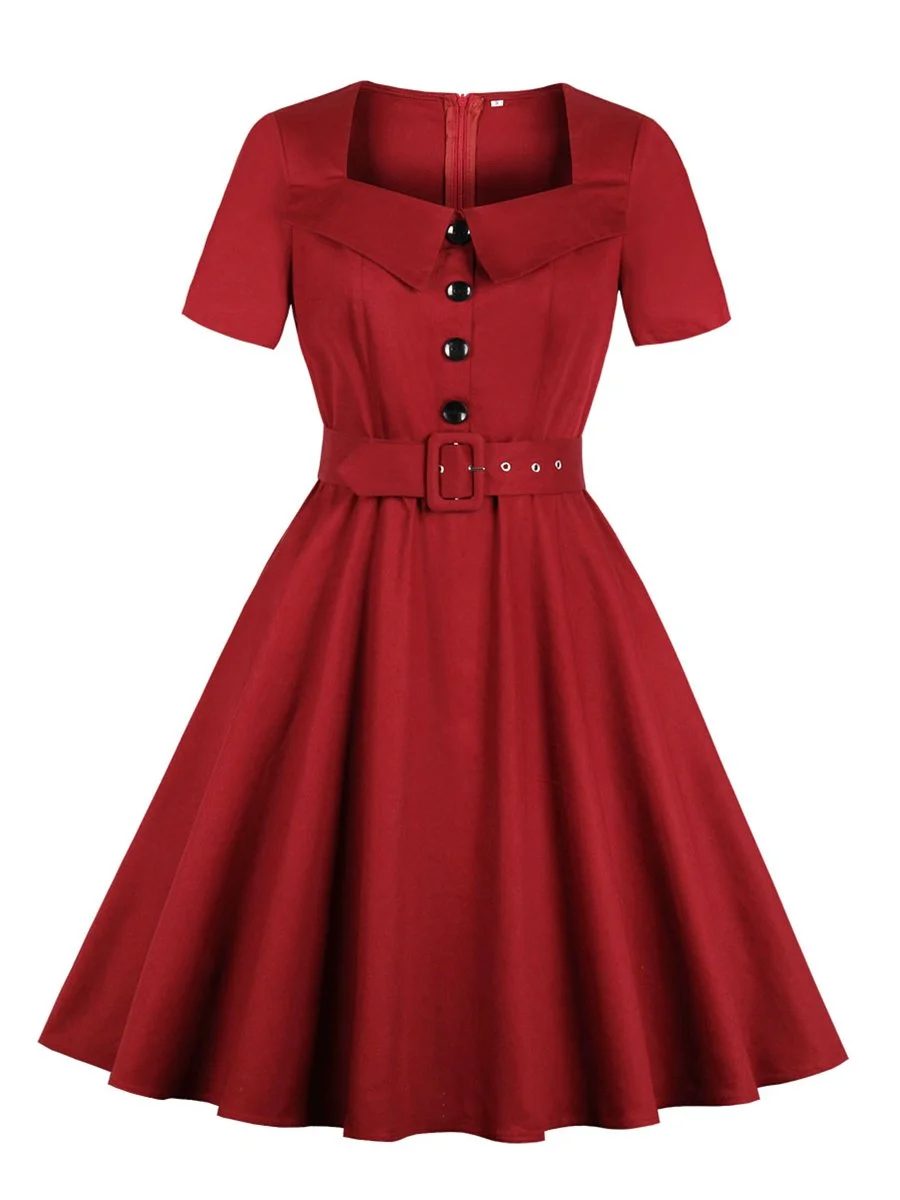 Womens Vintage Dress Short Sleeve 1940s Dress With A Belt