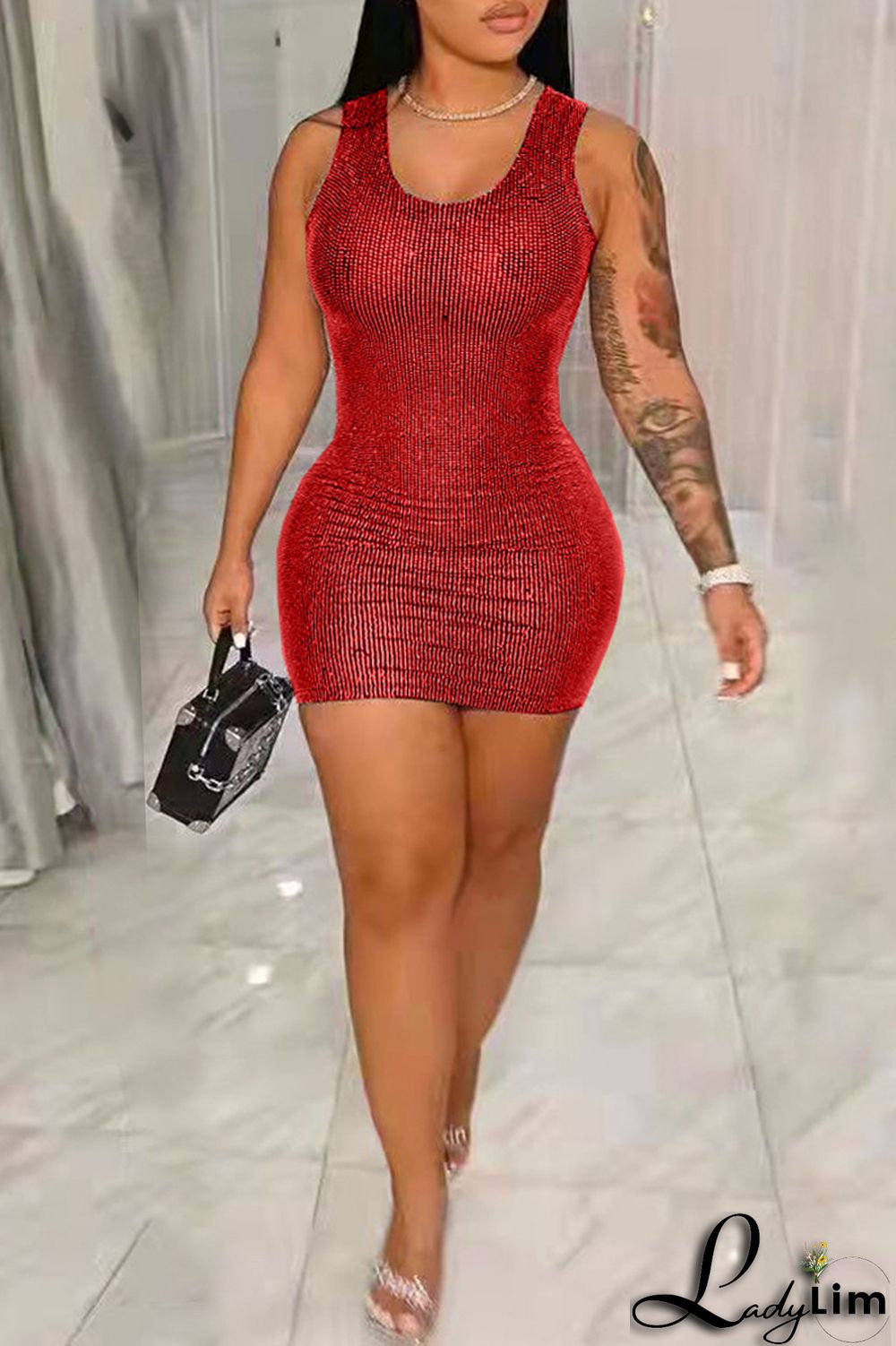 Blue Fashion Sexy Solid Sequins Patchwork O Neck Vest Dress