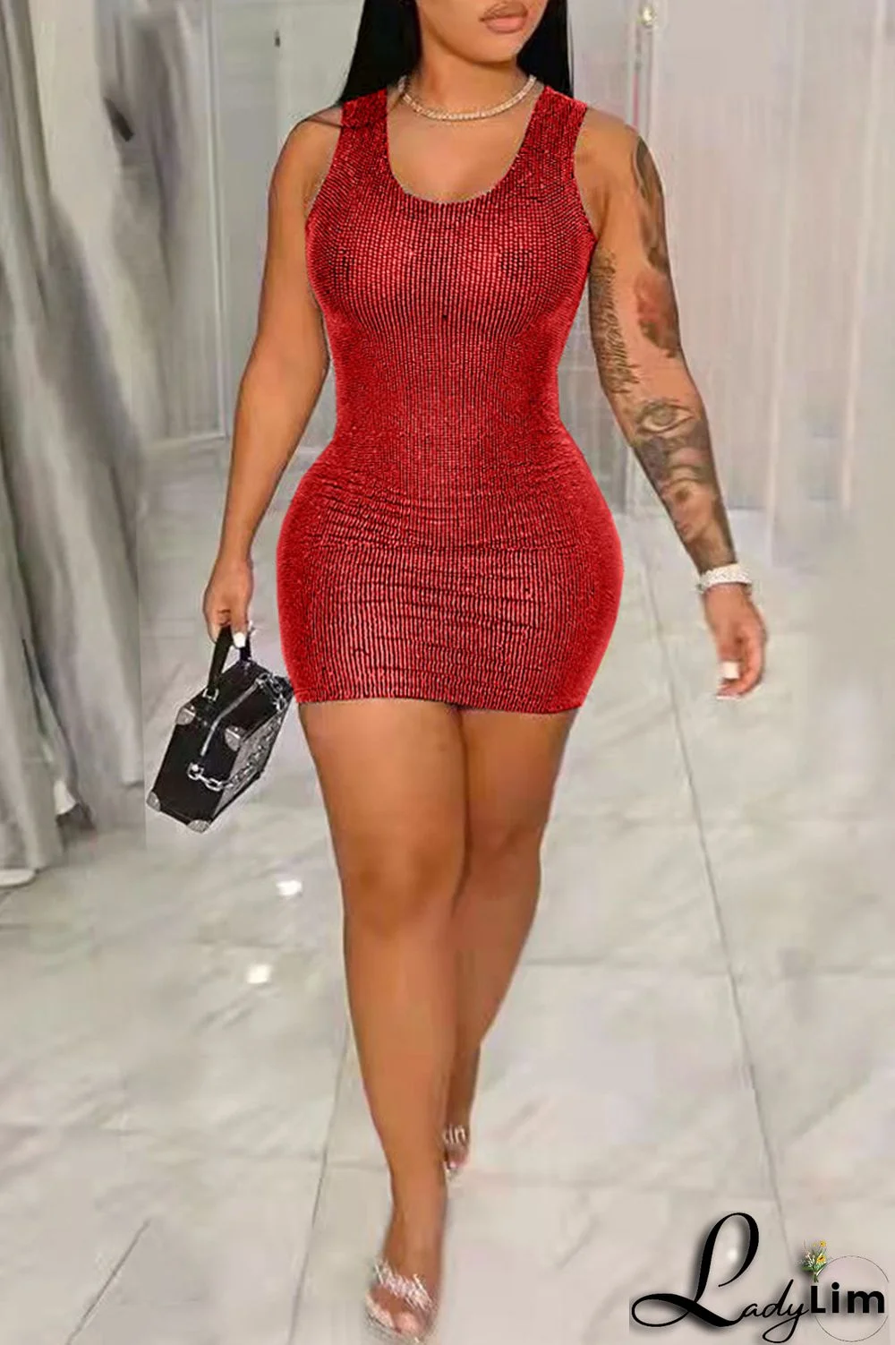 Blue Fashion Sexy Solid Sequins Patchwork O Neck Vest Dress