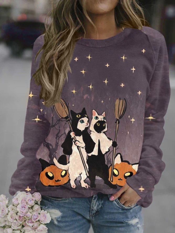 Funny Halloween Cat Women’s Shift Long Sleeve Crew Neck Casual Sweatshirts