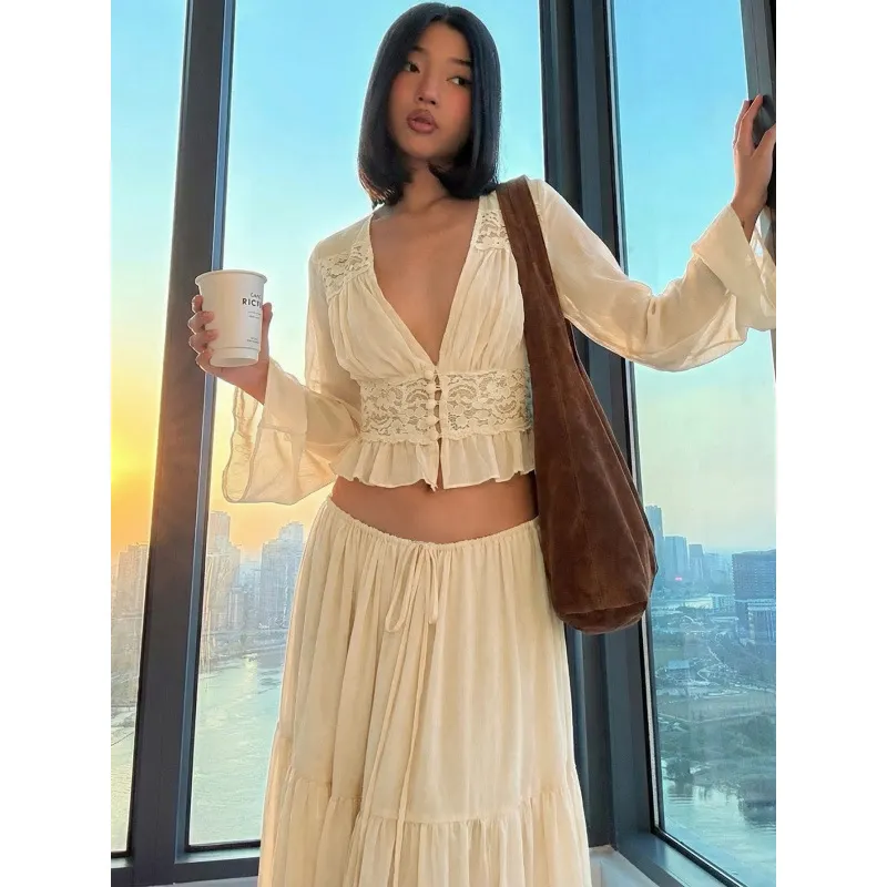 Women Matching Flowy Linen Look Lace Spliced V-Neck Long Sleeve Chiffon Tiered Skirt Two Piece Casual Daily Outfit Set