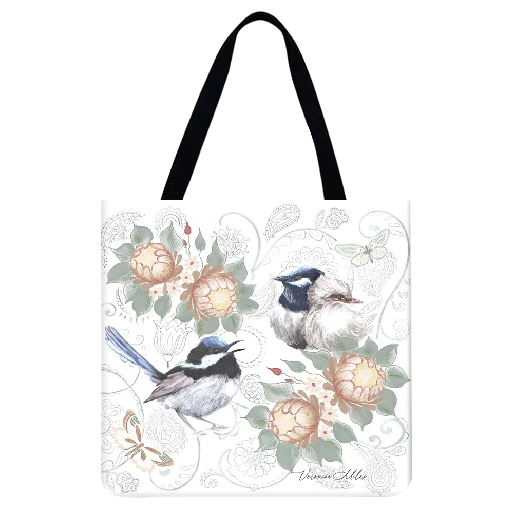 Linen Tote Bag - Retro Flowers and Birds