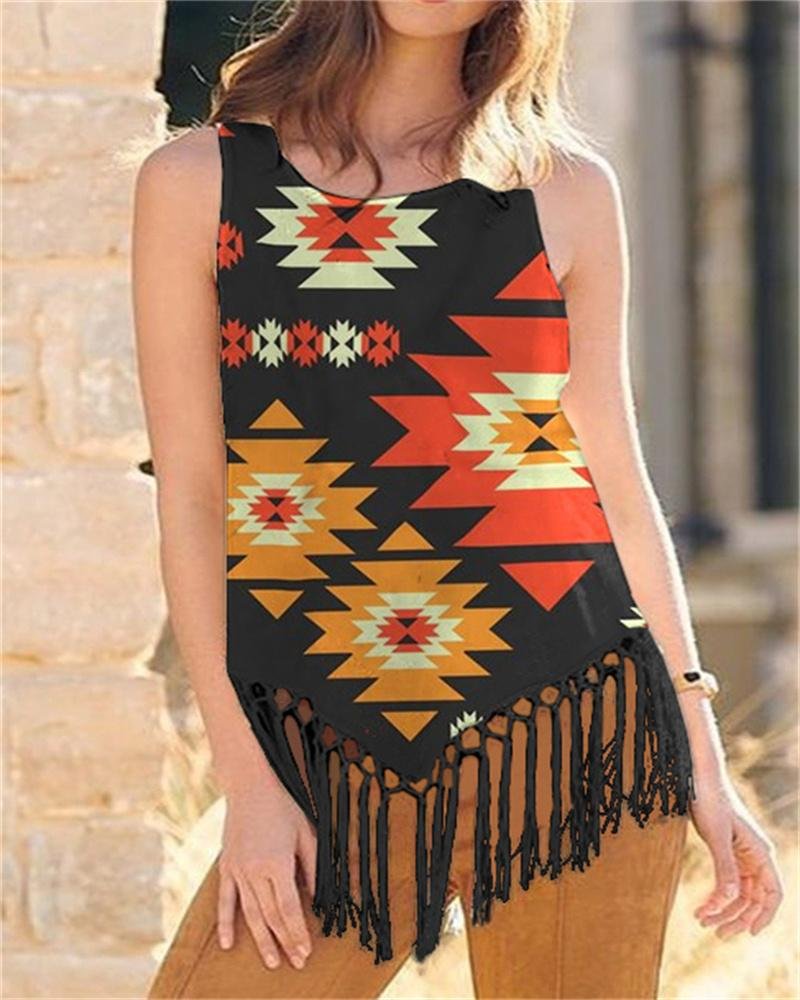 Casual Tribal Vintage Print Fringe Tank Top