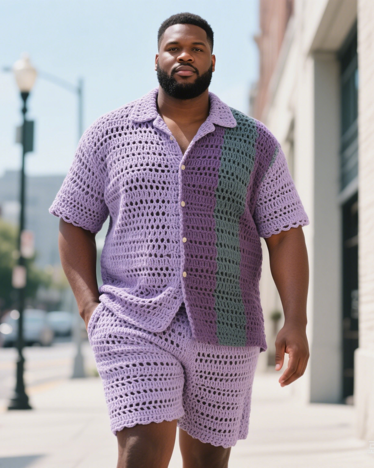 Men's Plus Size Pink Spell Purple Green Crochet Shirt Shorts Suit