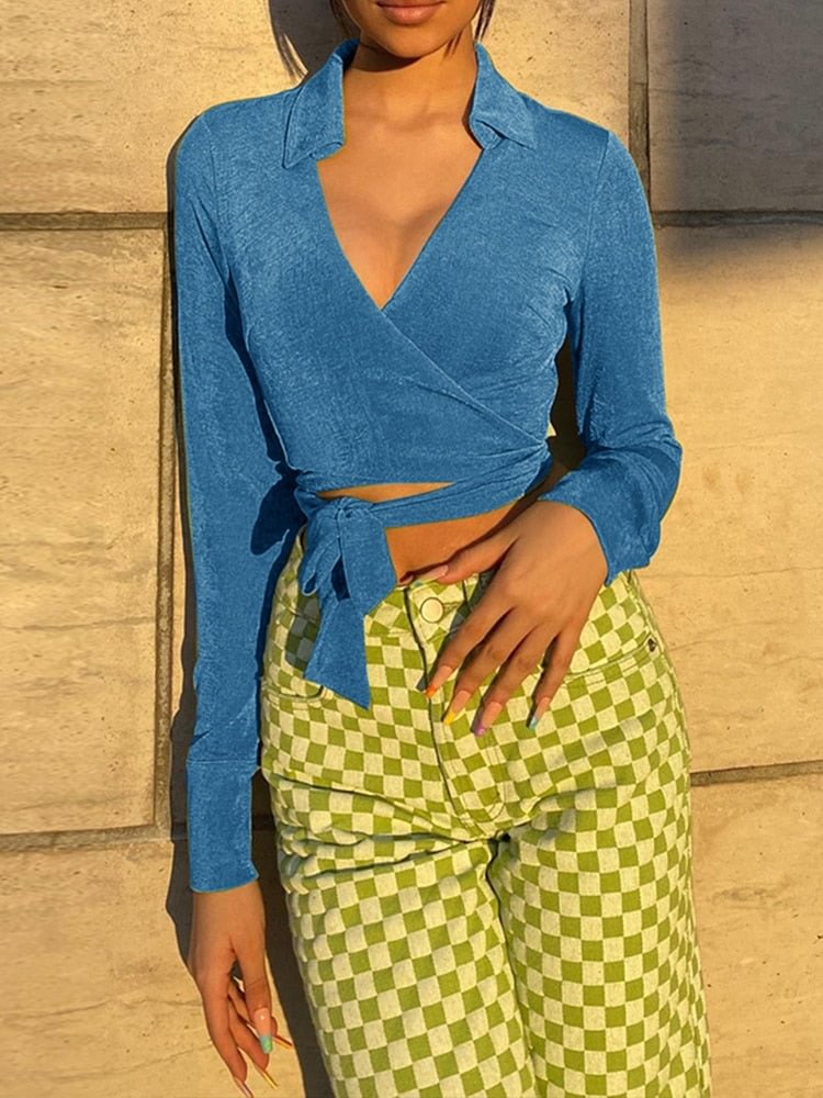 WannaThis Knitting Bandage Women Tops Sexy Casual Turn Down Collar Long Sleeve V-Neck Streetwear Waist Female Green T-Shirt 2021