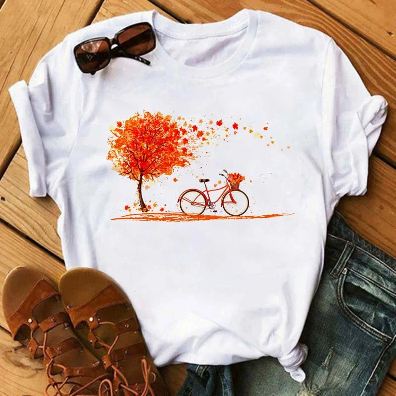 Bicycle with Sunflower Women Tshirt Summer Harajuku Short Sleeve White T Shirts Cartoon Casual Woman Tops Tees