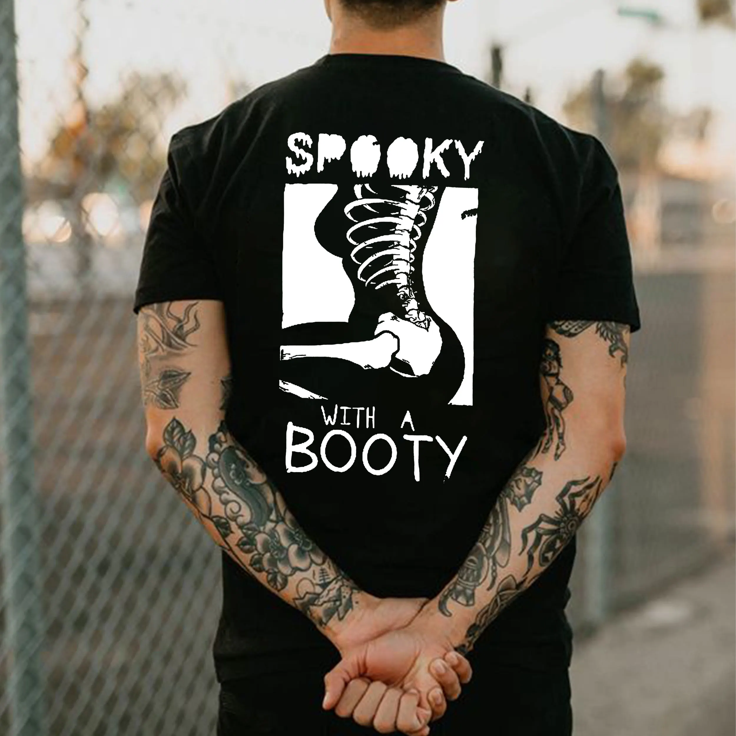 SPOOKY WITH A BOOTY Sexy Outline Black Print T-Shirt