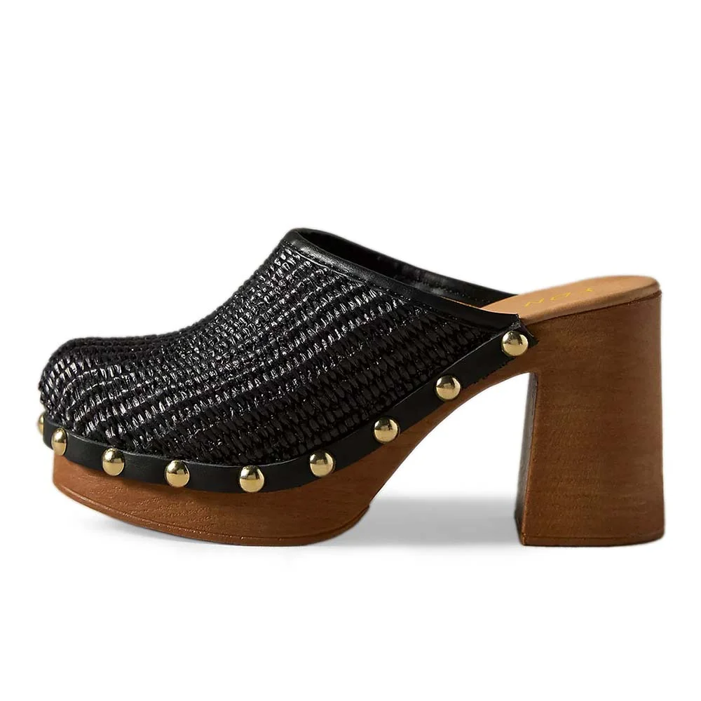 Black Raffia Round Toe Studded Heeled Clogs with Platform