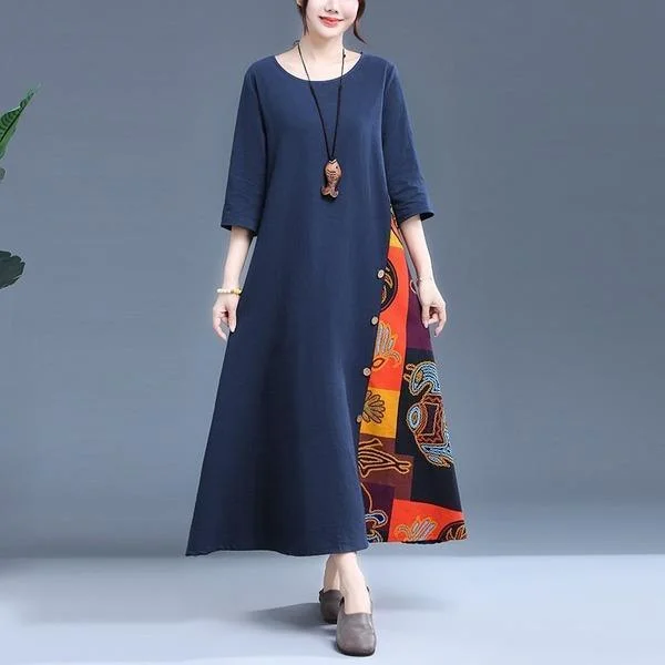 Plus Size Women Cotton LinenPrint Loose Female A-line Dresses
