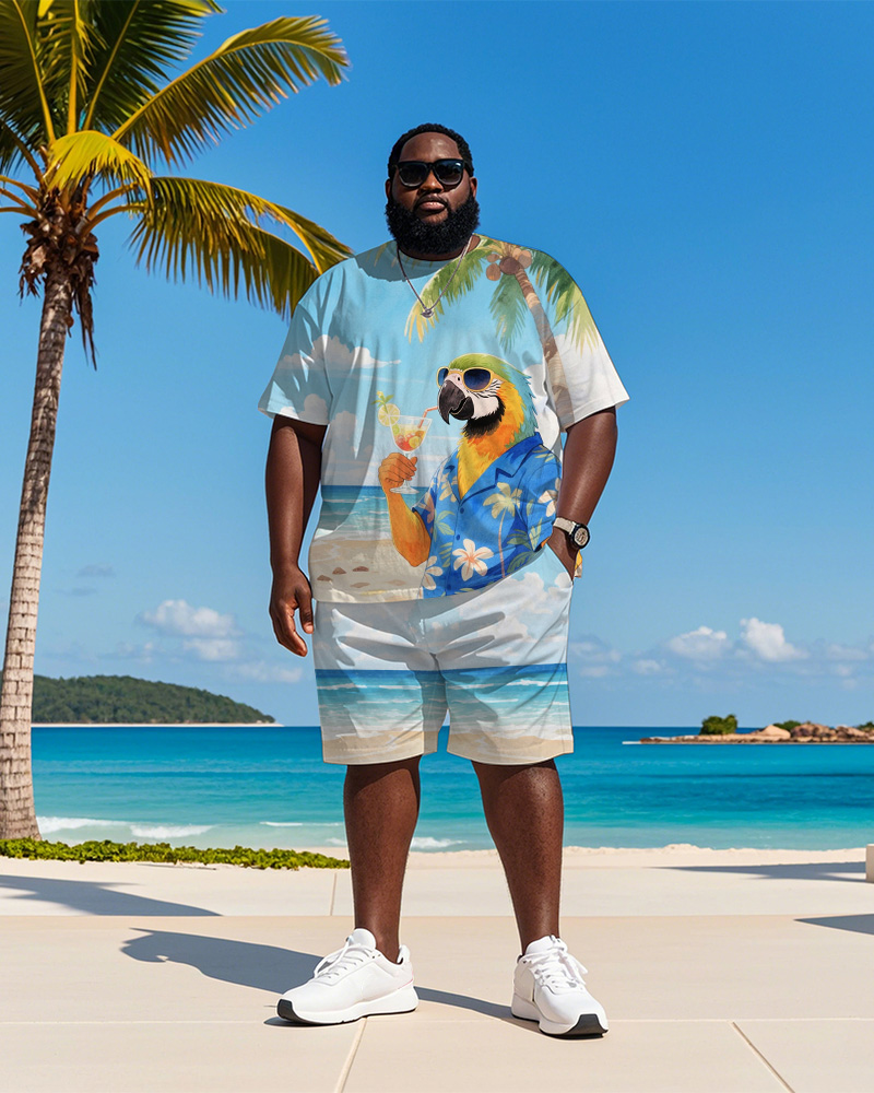 Men's Plus Size Hawaiian Blue Parrot Drinking Cocktail Print Short Sleeve T-Shirt Shorts Suit