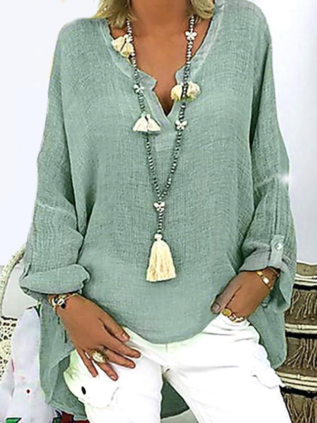 Women's Plus Size T shirt Solid Colored Long Sleeve V Neck Tops Loose Basic Top White Black Blushing Pink-806