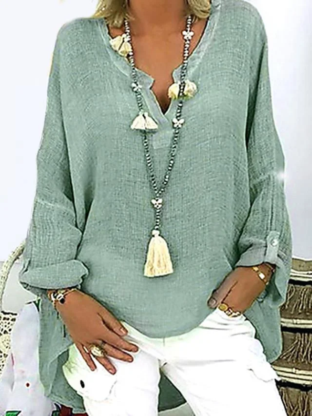 Women's Plus Size T shirt Solid Colored Long Sleeve V Neck Tops Loose Basic Top White Black Blushing Pink-806