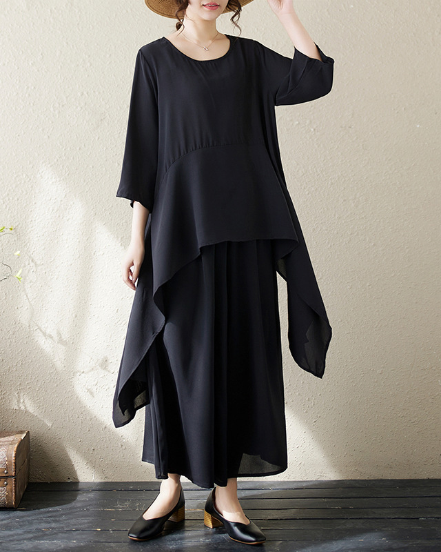 Three Quarter Sleeve Round Neck Asymmetrical Hem Top & Skirt Set