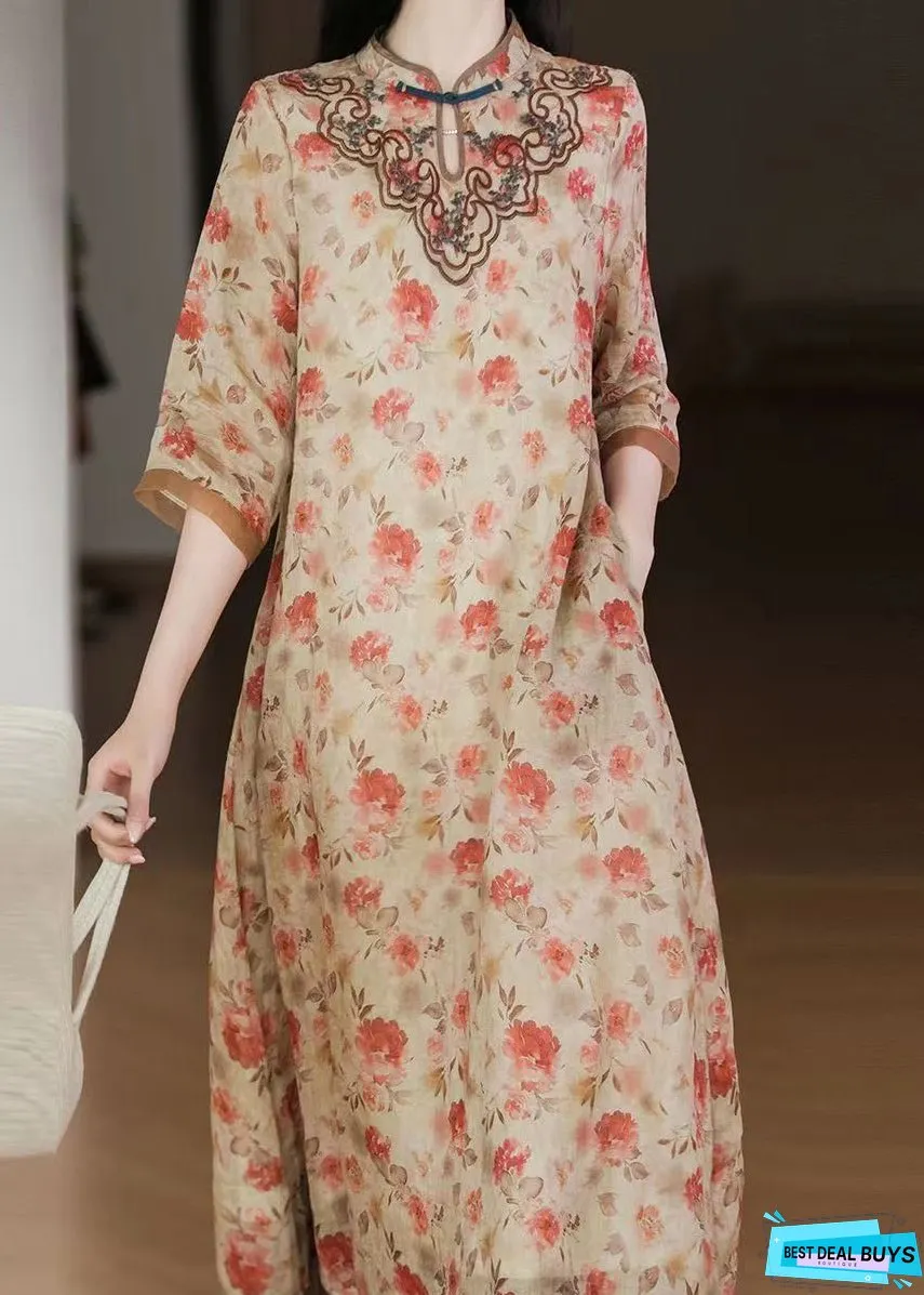 Women Apricot Embroideried Print Patchwork Linen Dresses Half Sleeve