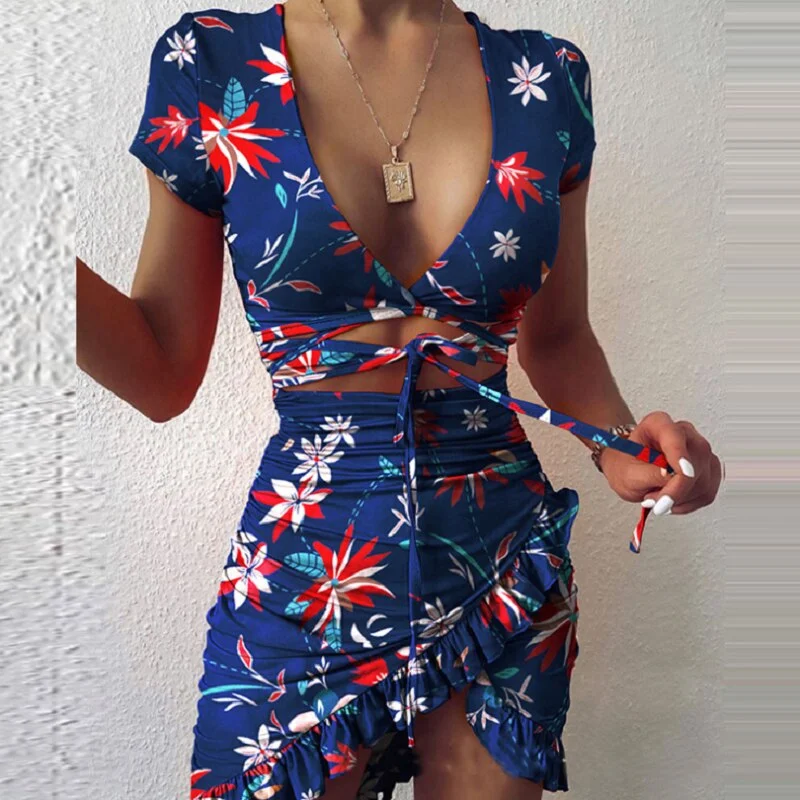 New Floral Print Fashion Tie Up Wrap Mini Dress 2021 Summer Holiday Ruffles Sundress Ruched Women's Dress Short Sleeve