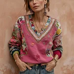 Women's Bohemian Flower Embroidery Art V-neck Casual Sweatshirt - Image 2