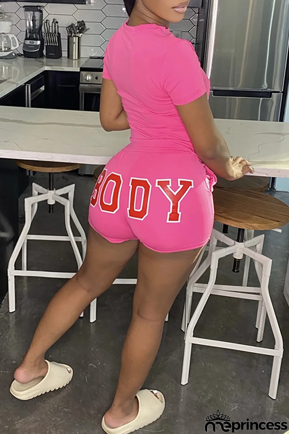 Black Fashion Casual Letter Print Basic O Neck Short Sleeve Two Pieces