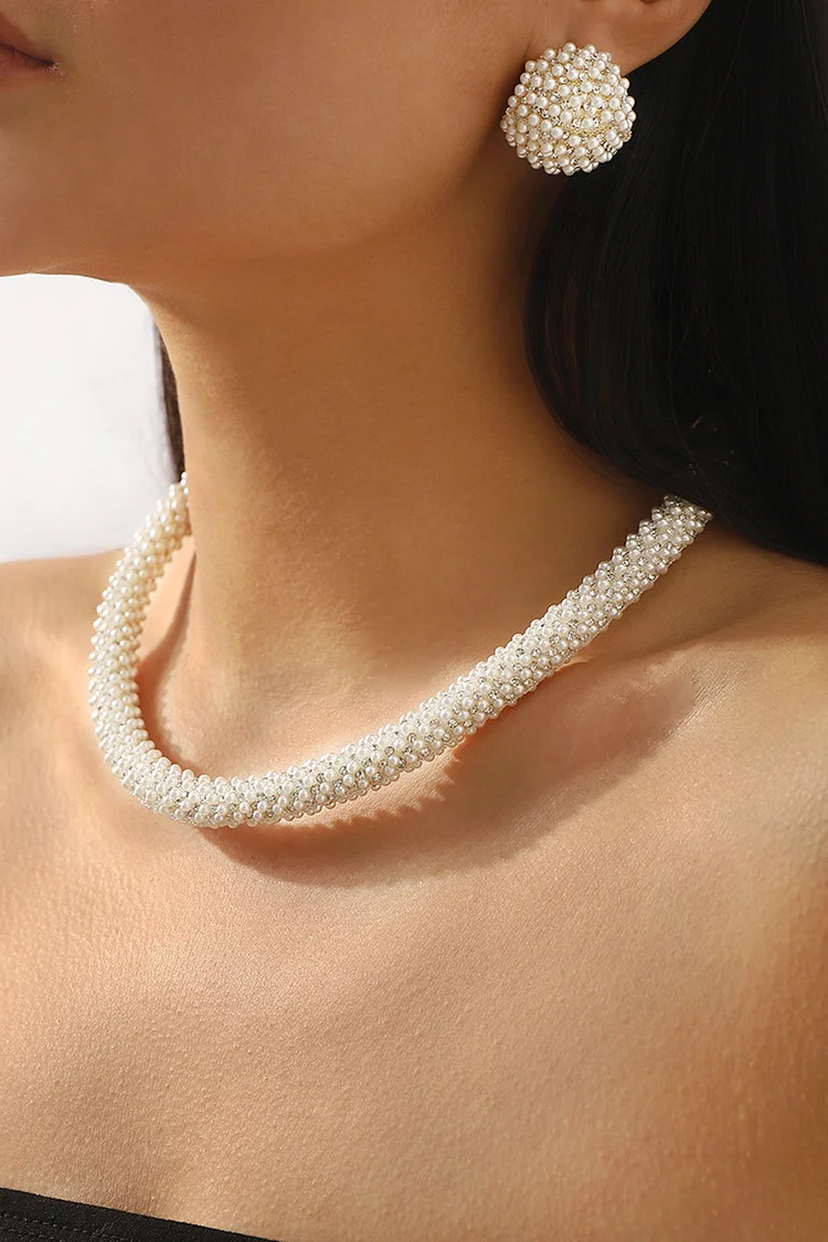 Elegant White Pearl Rhinestone Stud Earrings Choker Necklace Fashionable Jewelry Set 2024 - Xpluswear