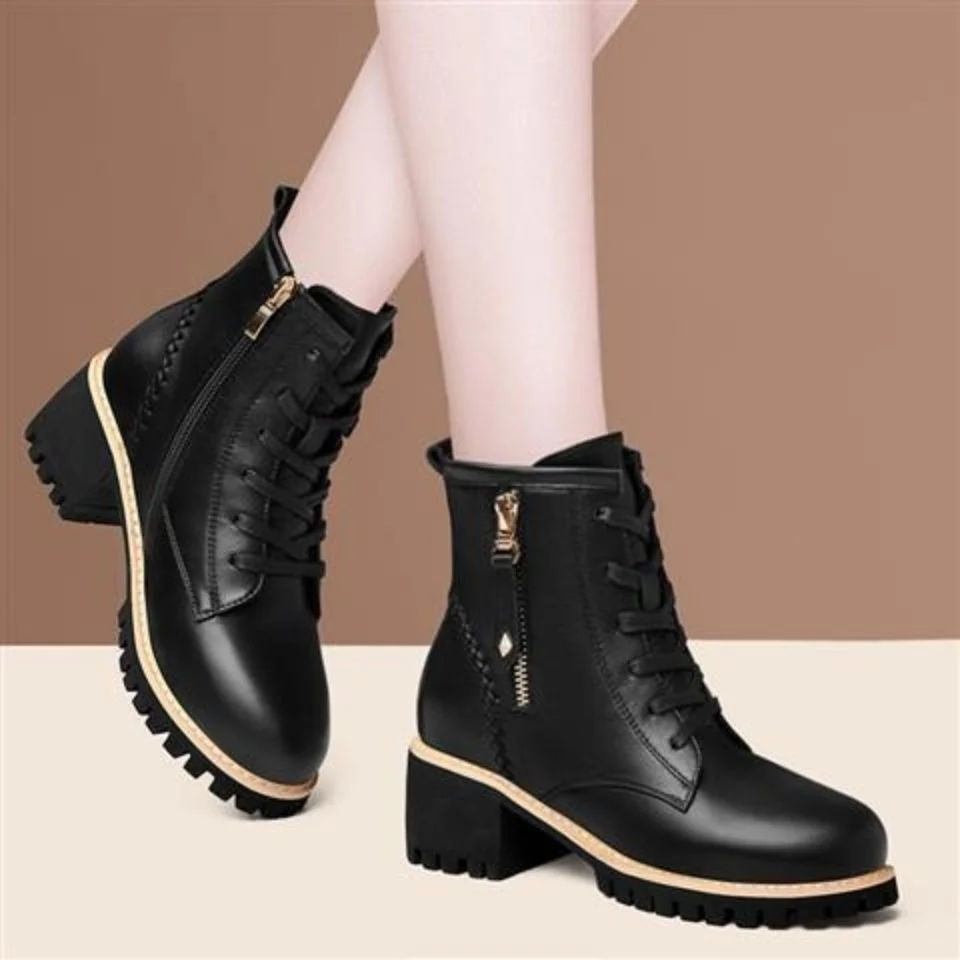 Qengg quality soft leather wowen boots autumn and winter new single boot thick soled fashion Knight short boots women's Boots