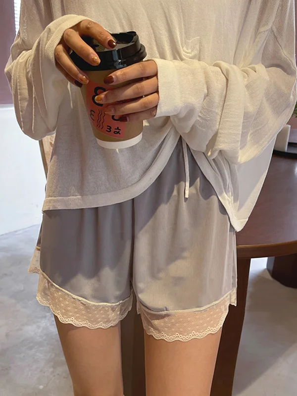 Comfortable Pure Color Lace Split-Joint Ice Silk Pajama Shorts