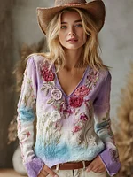 Love & Health Collection Retro Western Women Style Vintage Patchwork Rose And Floral Art Casual V Neck Linen Shirt - Image 4