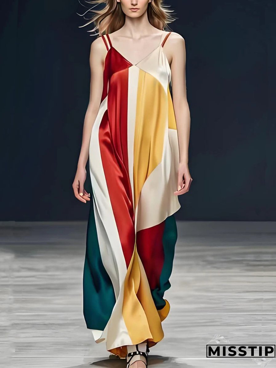 V-Neck Spaghetti Strap Colorblock Silk Dress