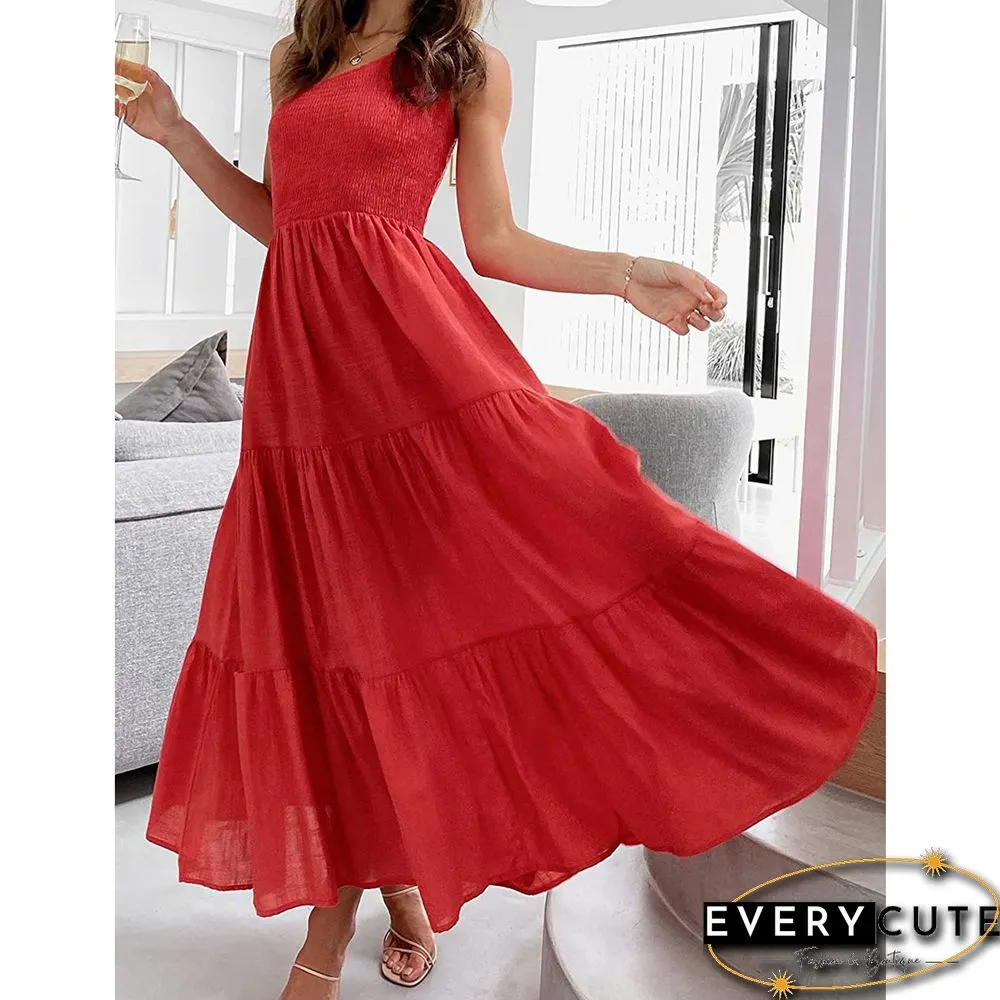 Red One-shoulder Swing Holiday Casual Dress