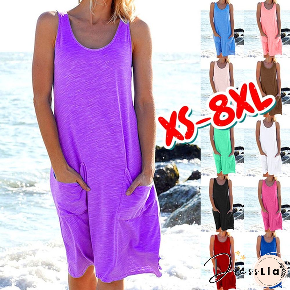 XS -8XL Summer Dresses Plus Size Fashion Clothes Women's Casual Sleeveless Dresses with Pockets O-neck Midi Dress Ladies Solid Color Off Shoulder Dress Party Wear Beach Dress Loose T-shirt Dress Cotton Dress