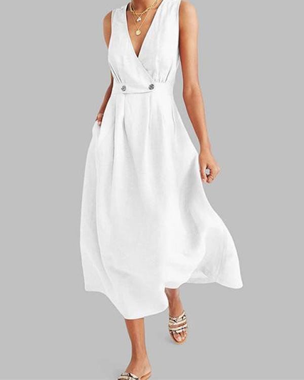Commuting V Neck Pleated Solid Colour Button Dress - Chicaggo