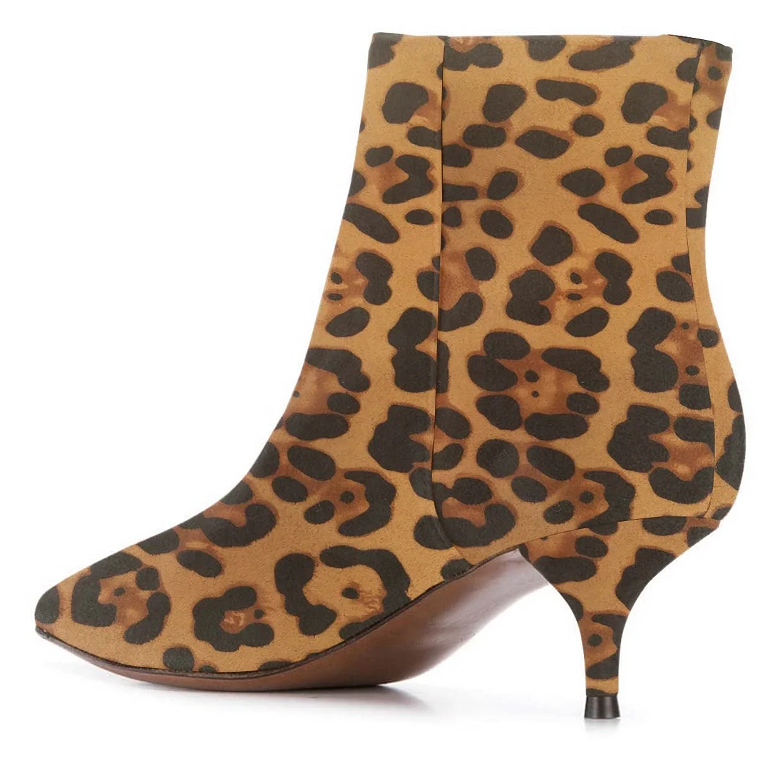 Vegan Suede Pointed Toe Kitten Heel Leopard Short Boots for Women