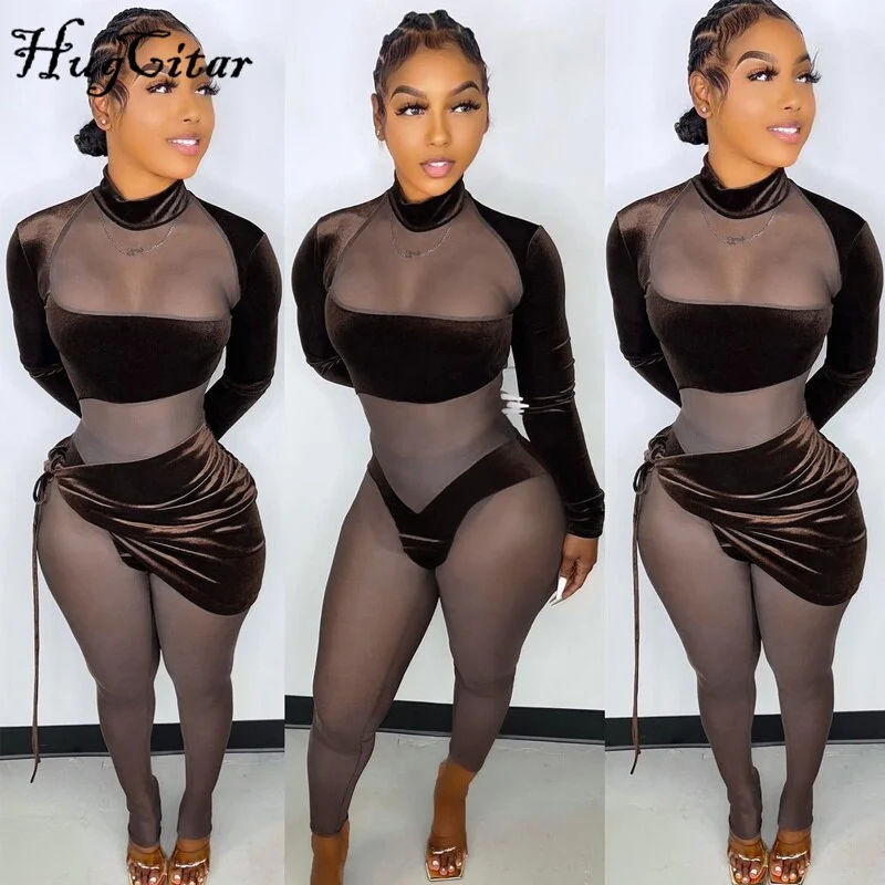 Hugcitar Women Fall Long Sleeve Hollow Out Crop Top Drawstring Irregular Mini 2 Pieces Set Bodycon Sexy 2021 Streetwear Club Y2K