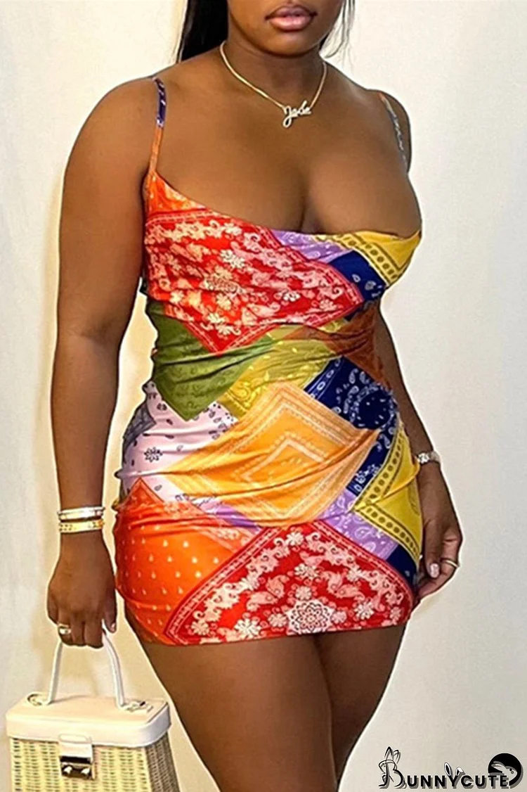 Colour Fashion Sexy Print Backless Spaghetti Strap Sleeveless Dress