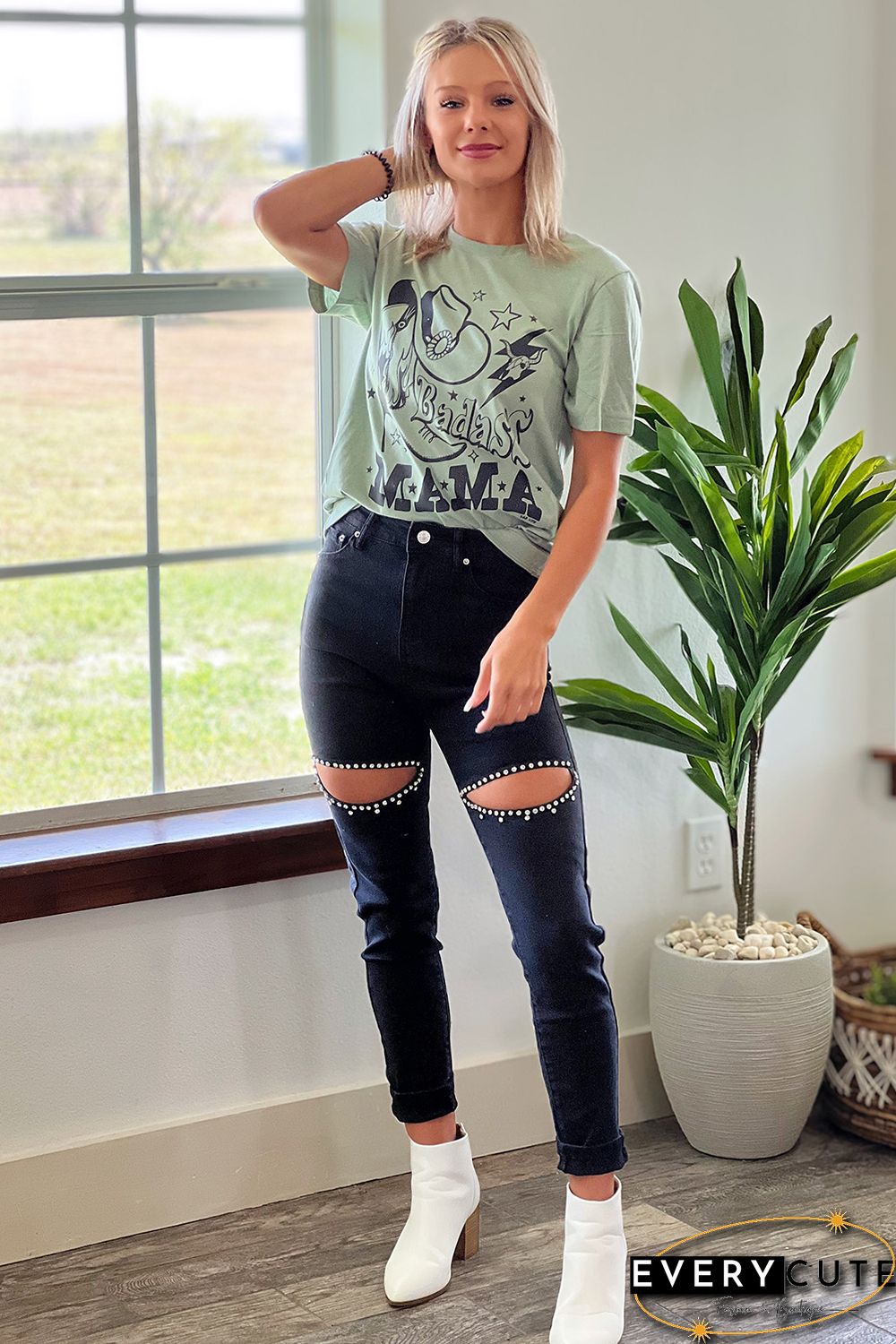 Black Rhinestone Cutout Skinny Jeans