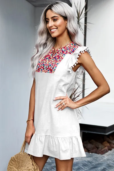 Women's Casual V Neck Skirt Boho Mexican Vintage Embroidery Print Mini Pompom Sleeve Shift Dress