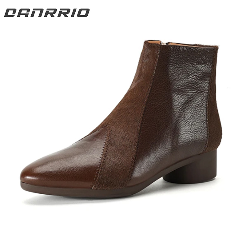 Cowhide Ankle Boots With Thick Heel 3CM French Boots DANRRIO.COM DANRRIO