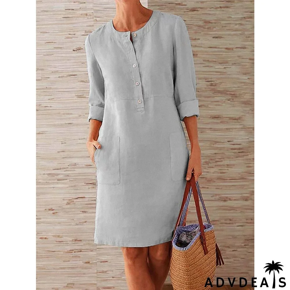 Spring NEW round Neck Solid Color Long Sleeve Dress