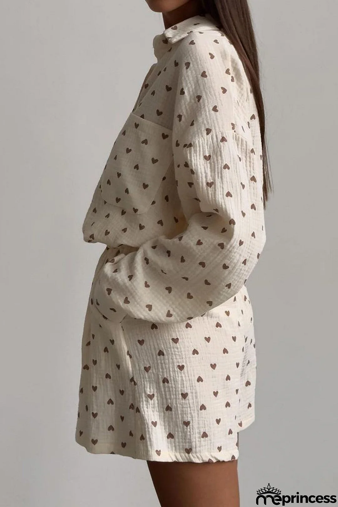 Heart Print Ruffle Long Sleeve Shirt Two Piece Shorts Set