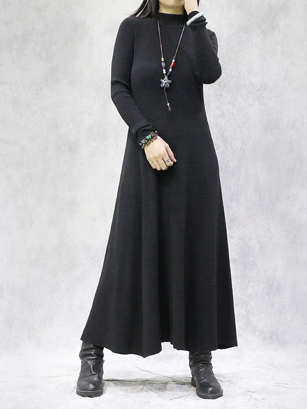 Artistic Retro Solid Color Split-Joint High-Neck Long Sleeves Knitted Sweater Dress
