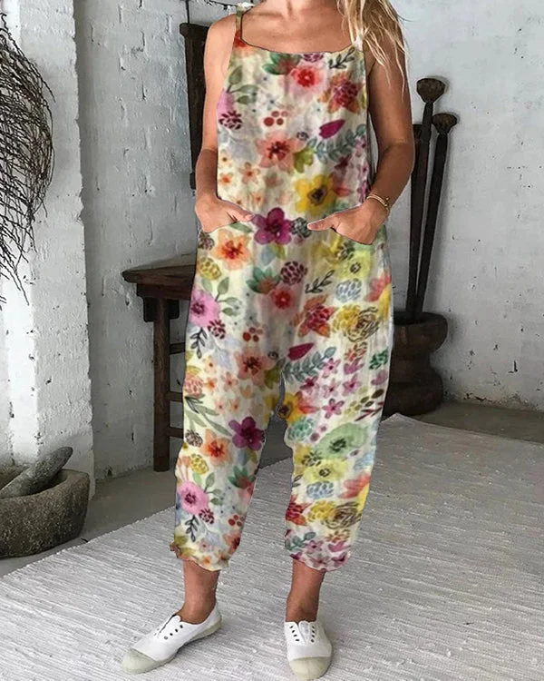 Fashion Floral Women Casual Linen Jumpsuits