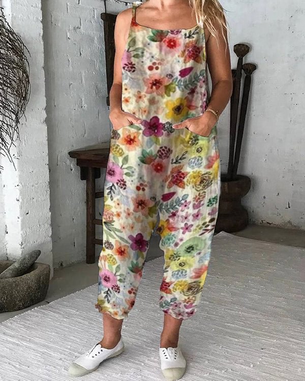 Fashion Floral Women Casual Linen Jumpsuits