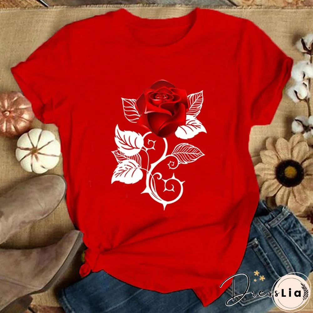 Girls and Women's Fashion Red Rose Printed T-Shirt Cute Graphic Tee Shirt Ladies Summer T-shirts Casual Plus Size Tops Flower T Shirts
