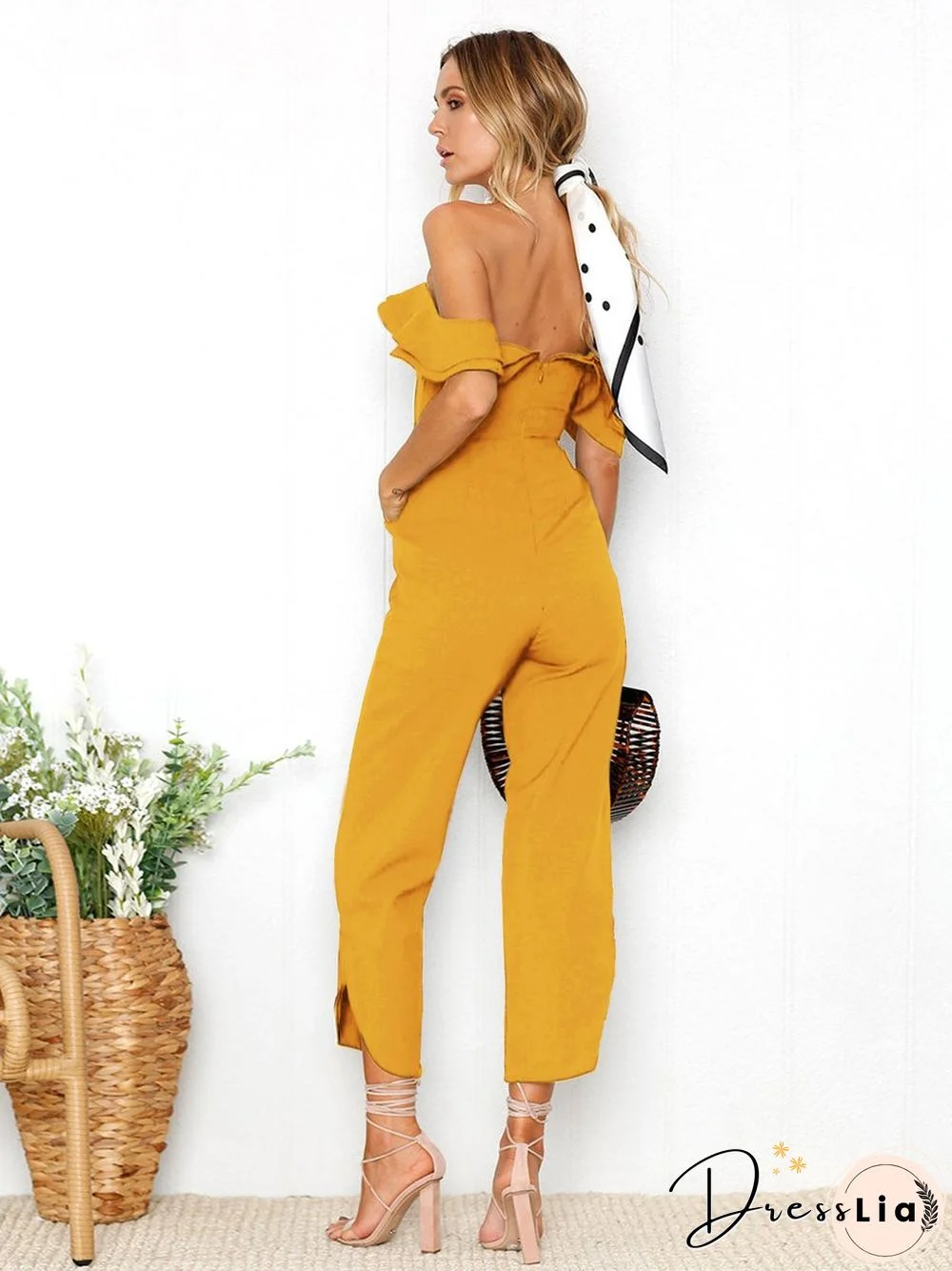 Black Sleeveless Plain Casual Off Shoulder Zip Back Jumpsuit