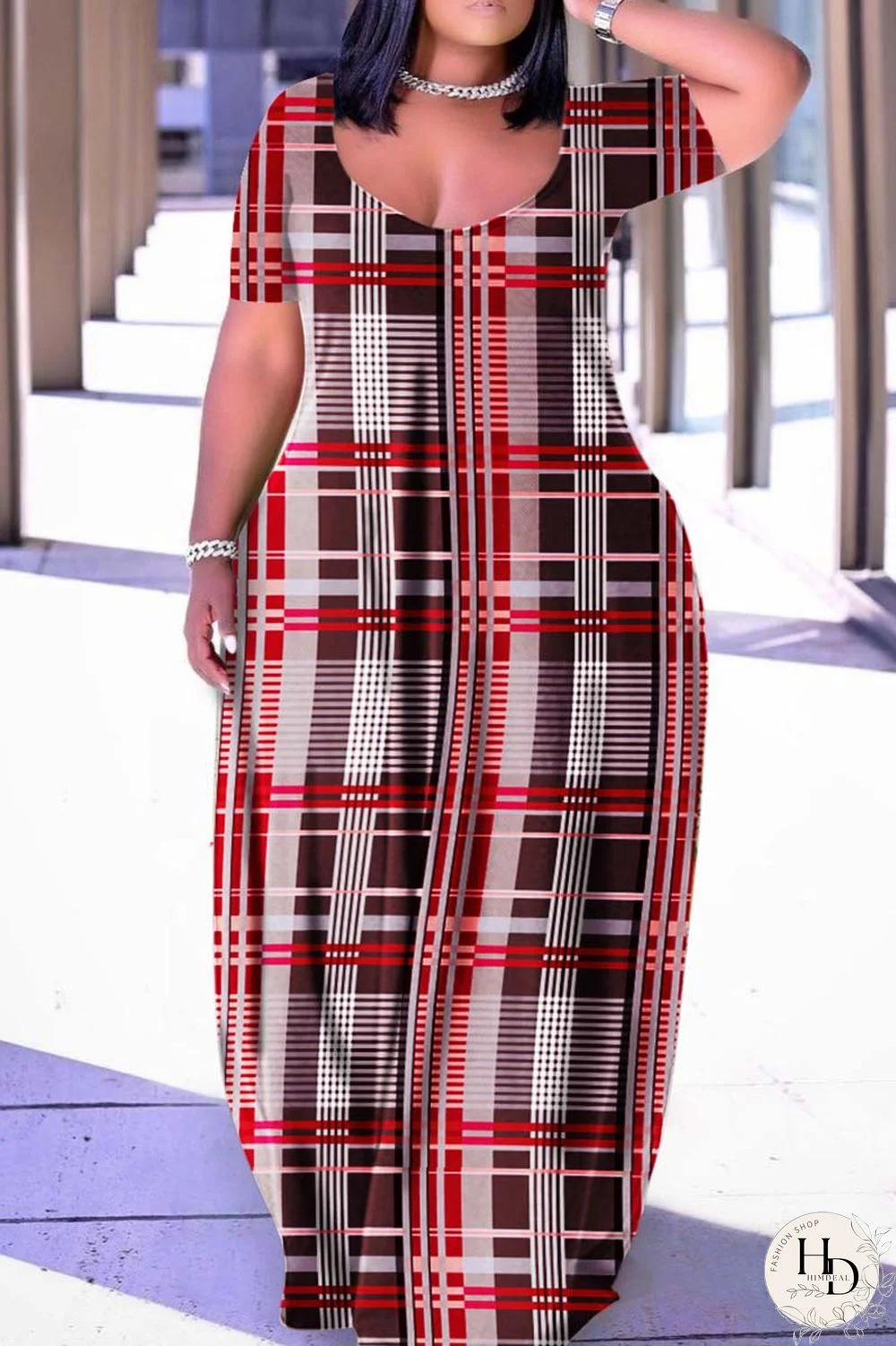 Apricot Casual Print Basic V Neck Short Sleeve Dress Plus Size Dresses