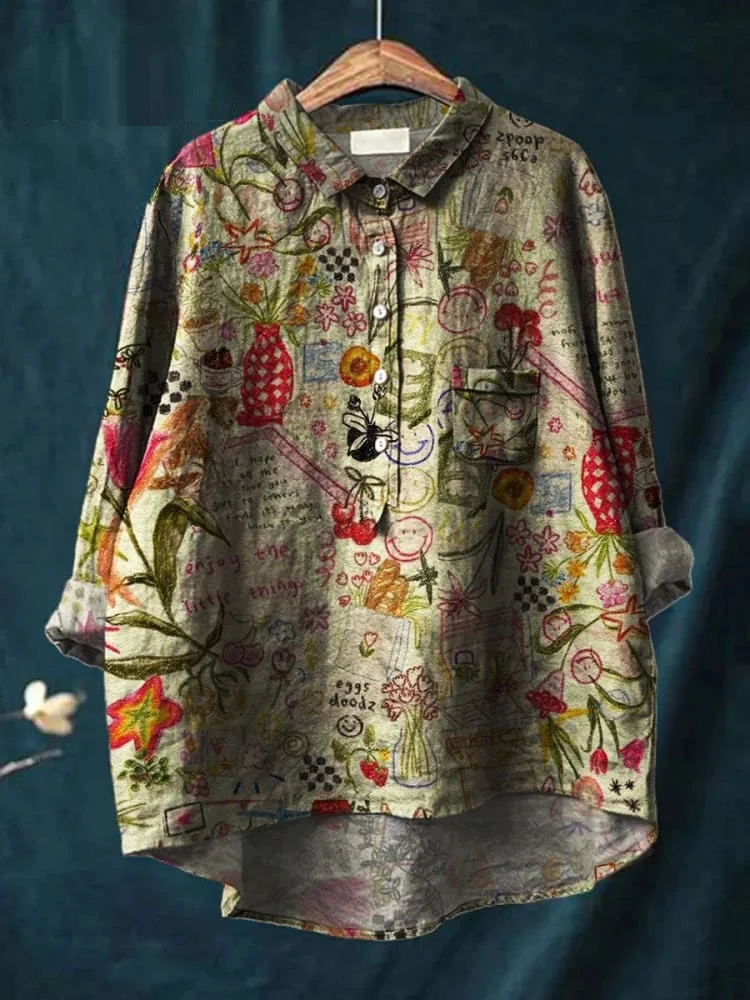 Women's Vintage Vase Art Print Casual Cotton And Linen Shirt