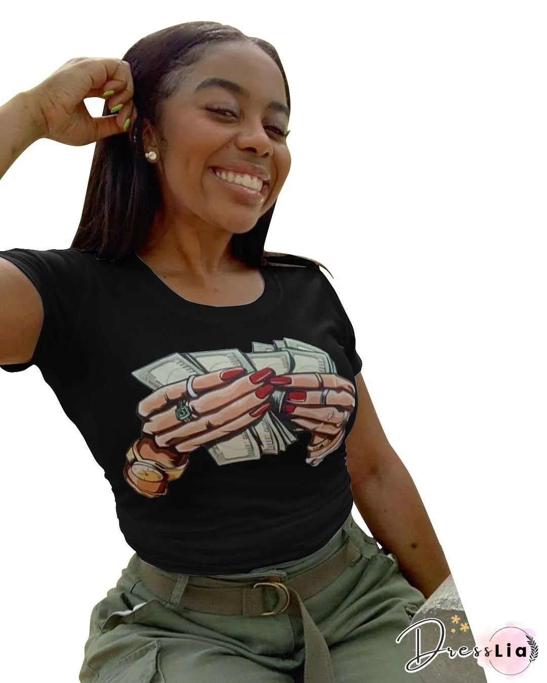 Round-neck Short Sleeve Plus Size Women T-Shirt-Fashion Lounge Wear Trend Dollar Print