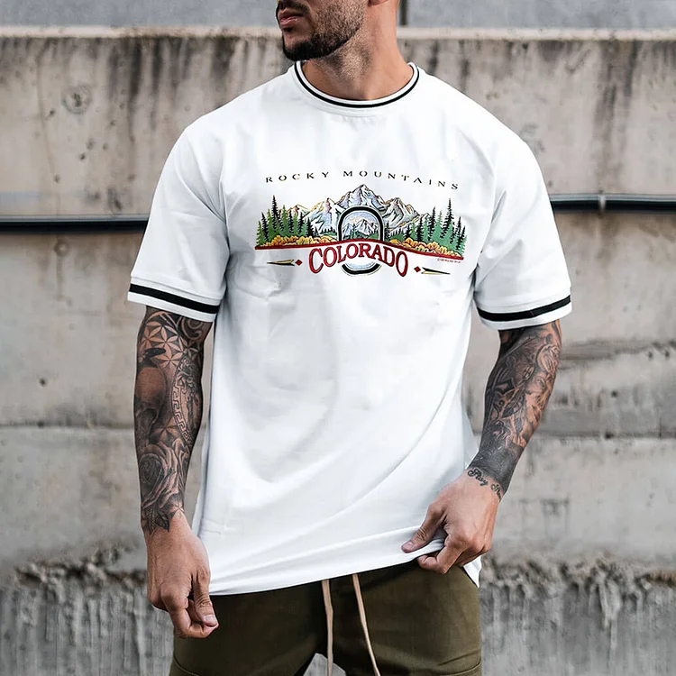 Rocky Mountains Print Casual Color Block Short Sleeve T-shirt