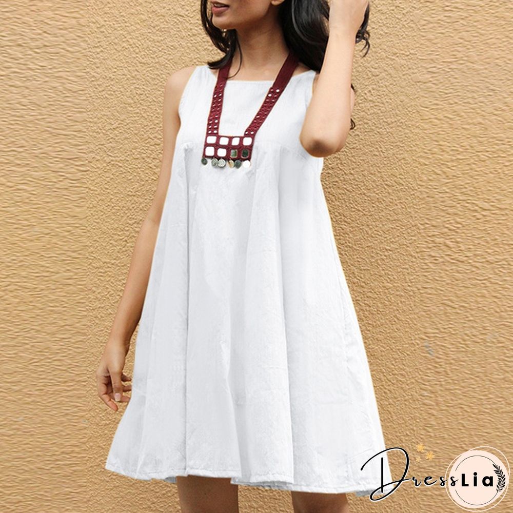 Women Sleeveless Mini Dress Summer Cotton Party Casual Loose Pleated Dress Plus Size Clothes